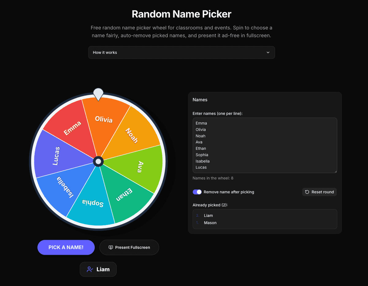 Random name picker wheel with a class list, remove-after-picking enabled, and an already-picked list