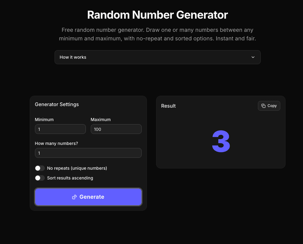 Random number generator drawing a number between 1 and 100 with no-repeat and sort options