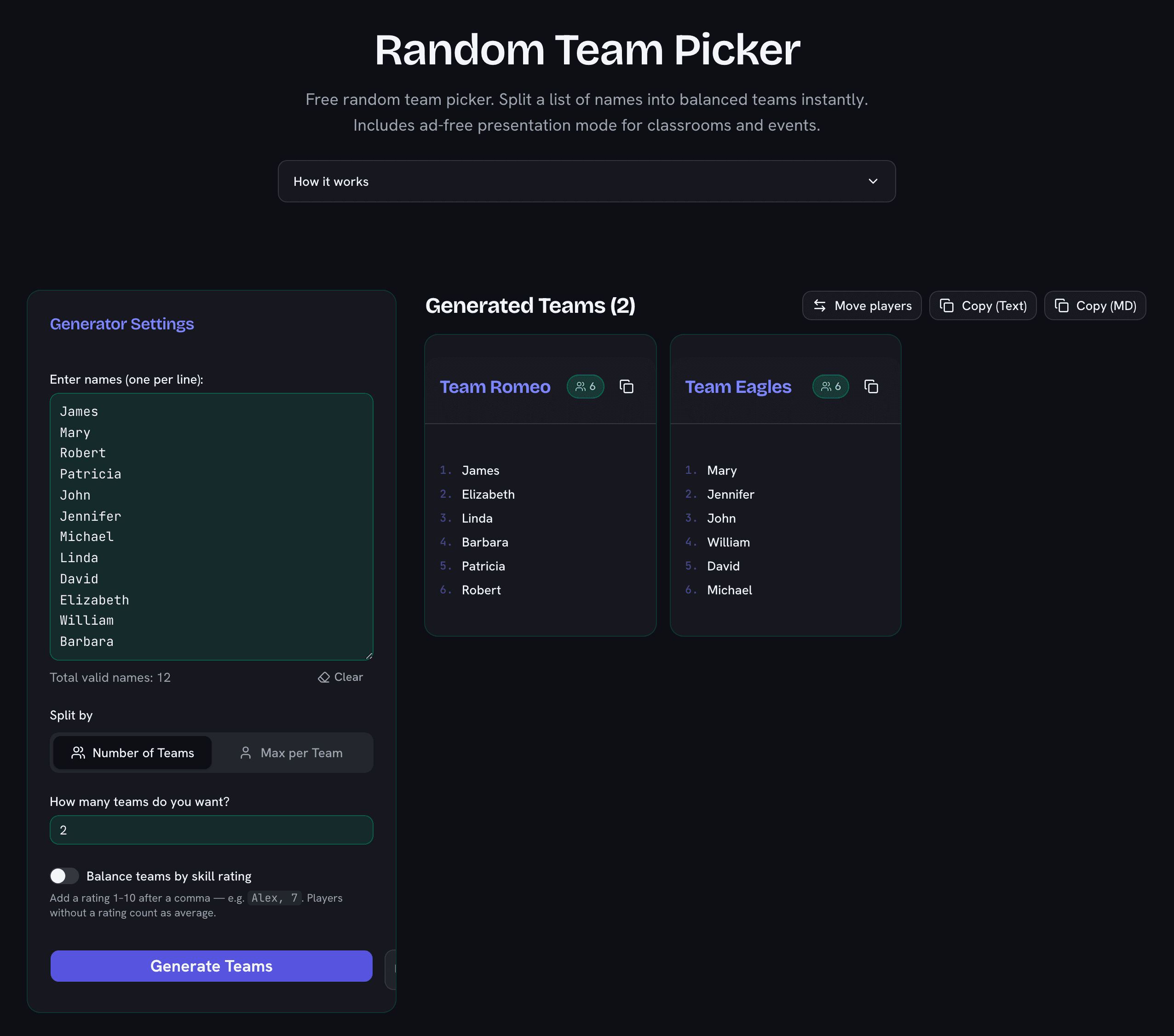 Random team picker splitting twelve names into two balanced teams with copy buttons