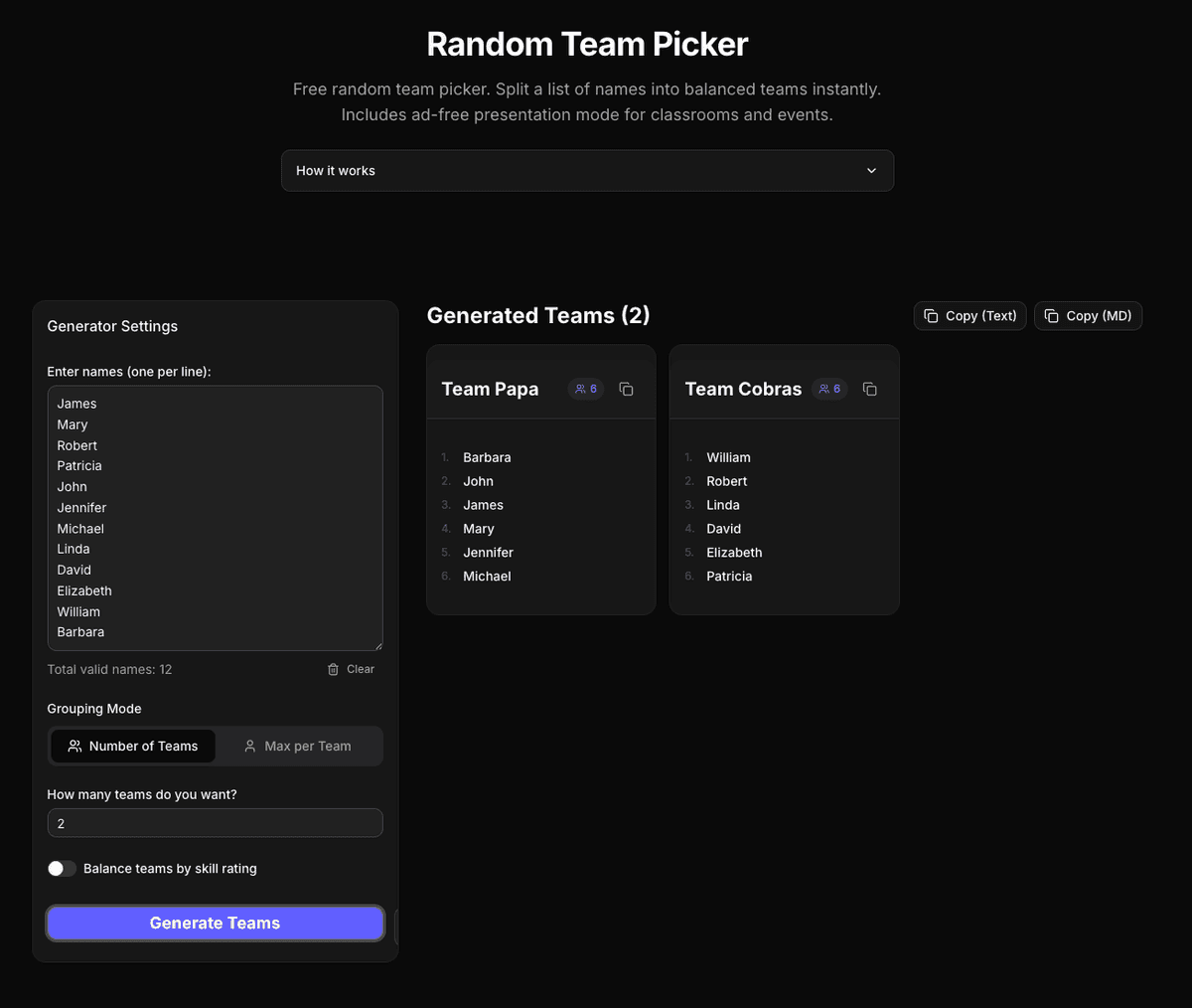 Random team picker splitting twelve names into two balanced teams with copy buttons