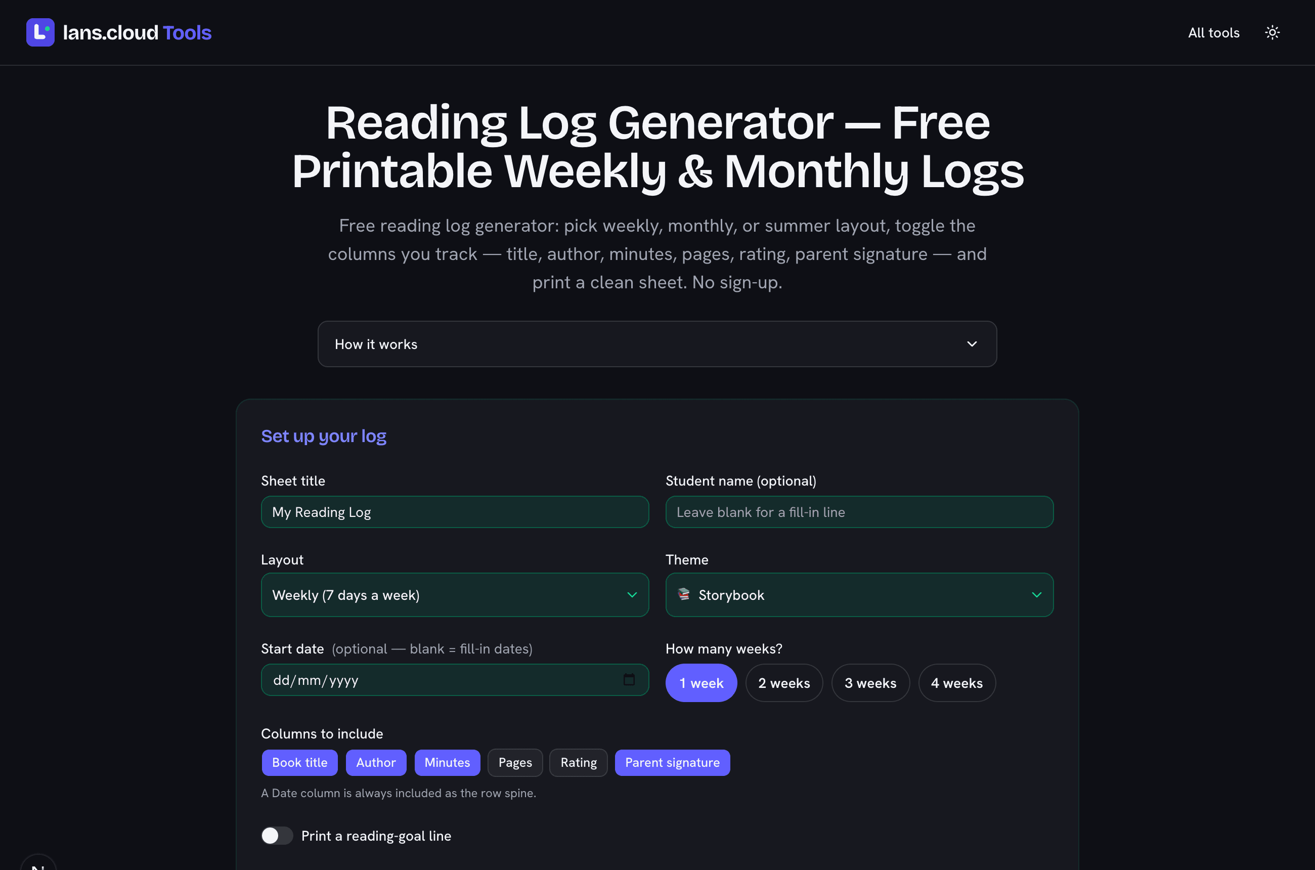 Reading log generator setup showing layout, theme, week count, and column toggles above the live sheet preview