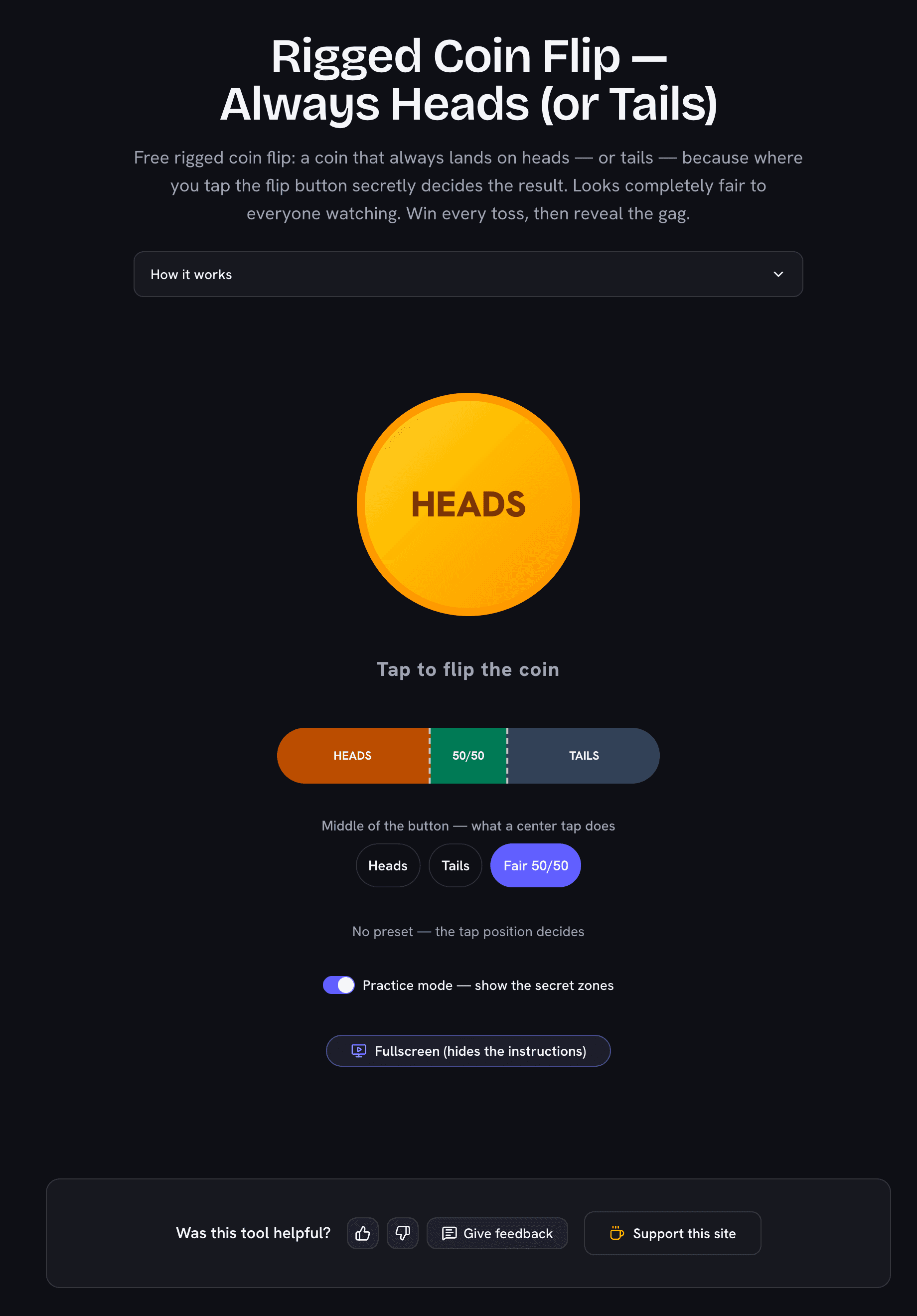 Rigged coin flip showing the coin with practice mode revealing the secret heads and tails zones on the flip button, with a middle strip showing its current setting between them