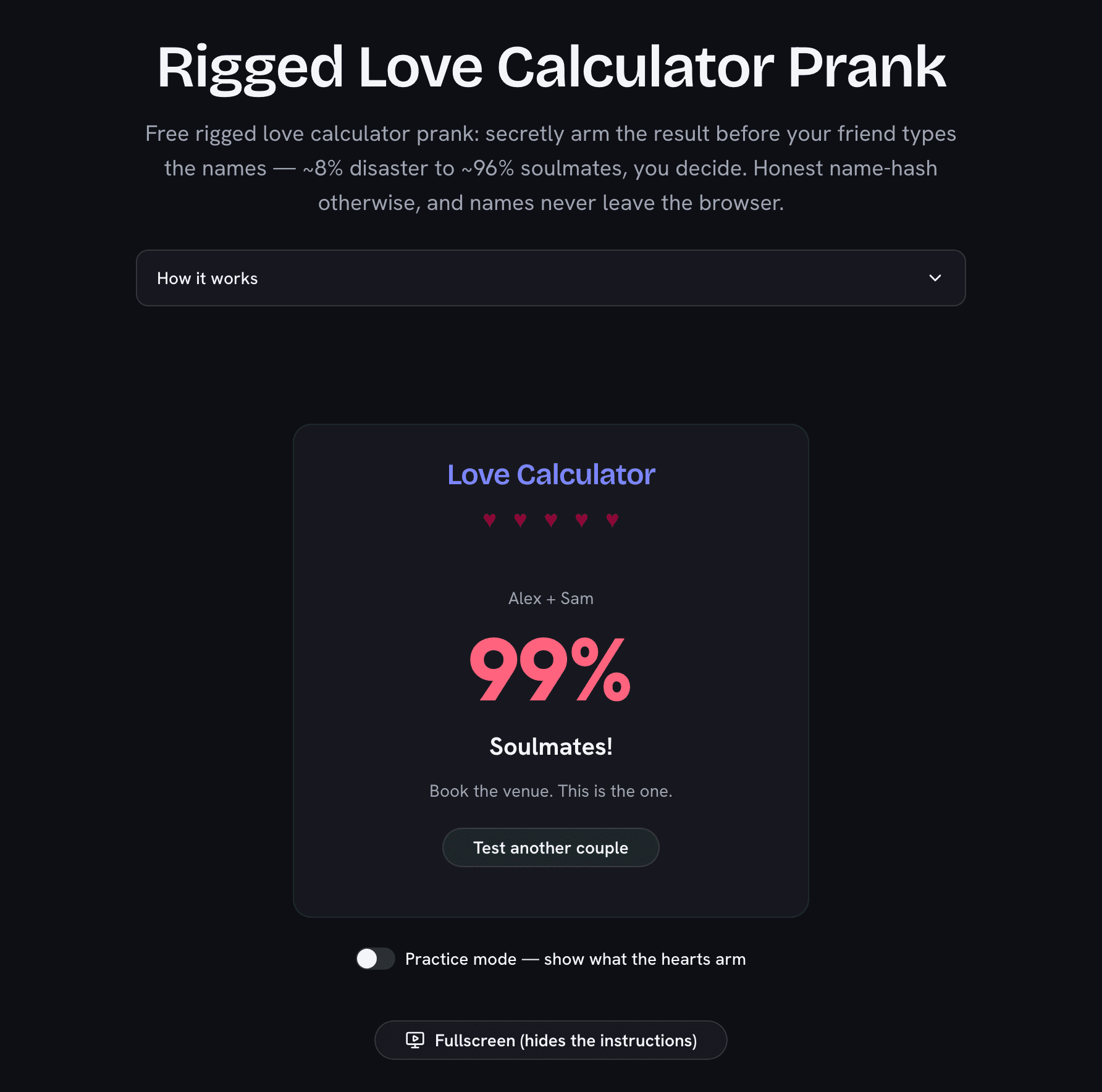 Rigged love calculator showing a 96 percent soulmates result with the five secret hearts