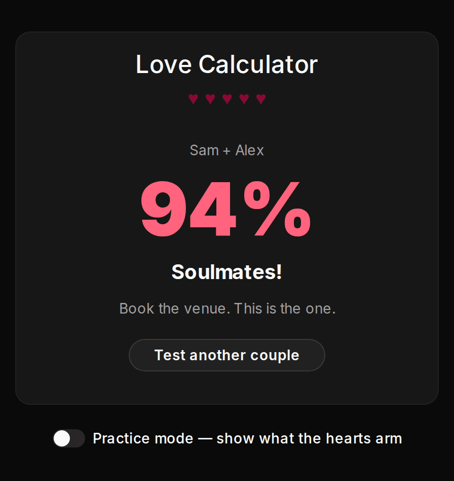 Rigged love calculator showing a 96 percent soulmates result with the five secret hearts