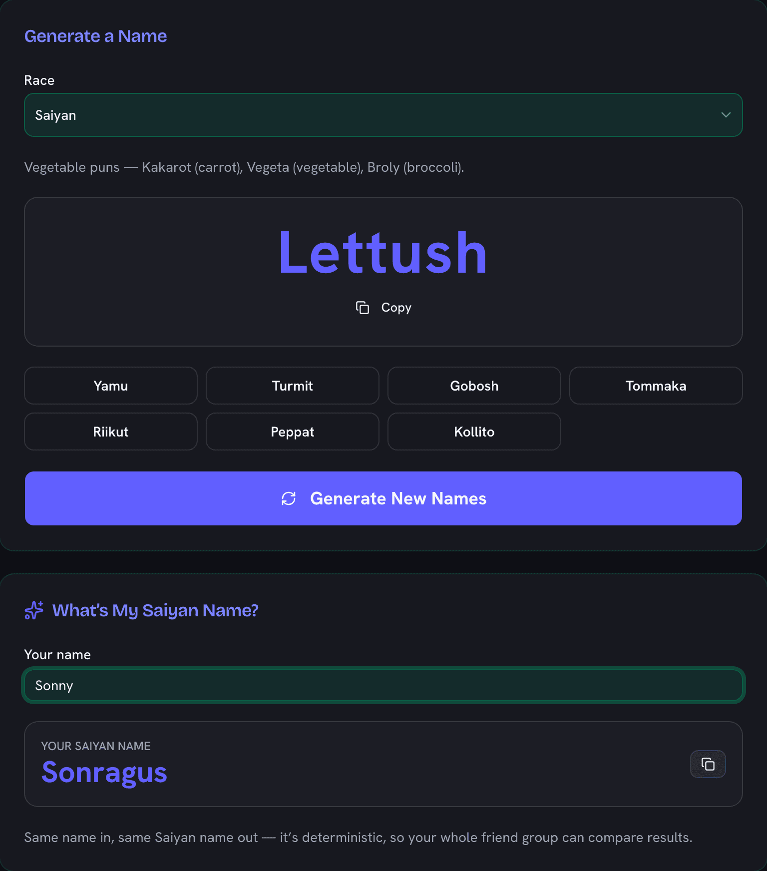 Saiyan name generator showing eight vegetable-pun names with the Saiyan race selected and a personal name converted