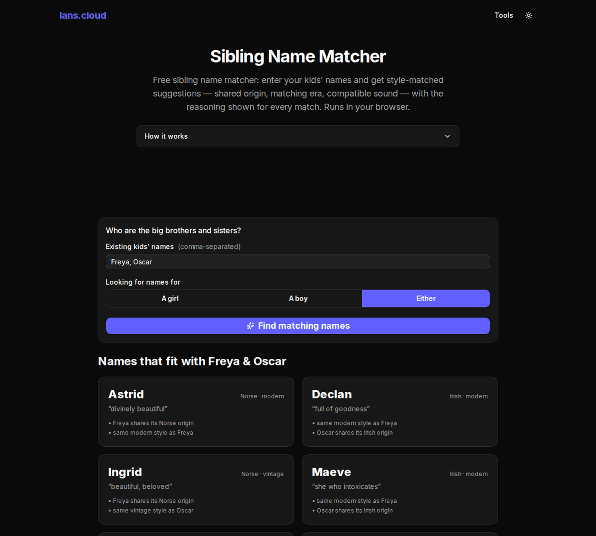 Sibling name matcher showing suggestions for Freya and Oscar with origins, meanings, and the reason for each match