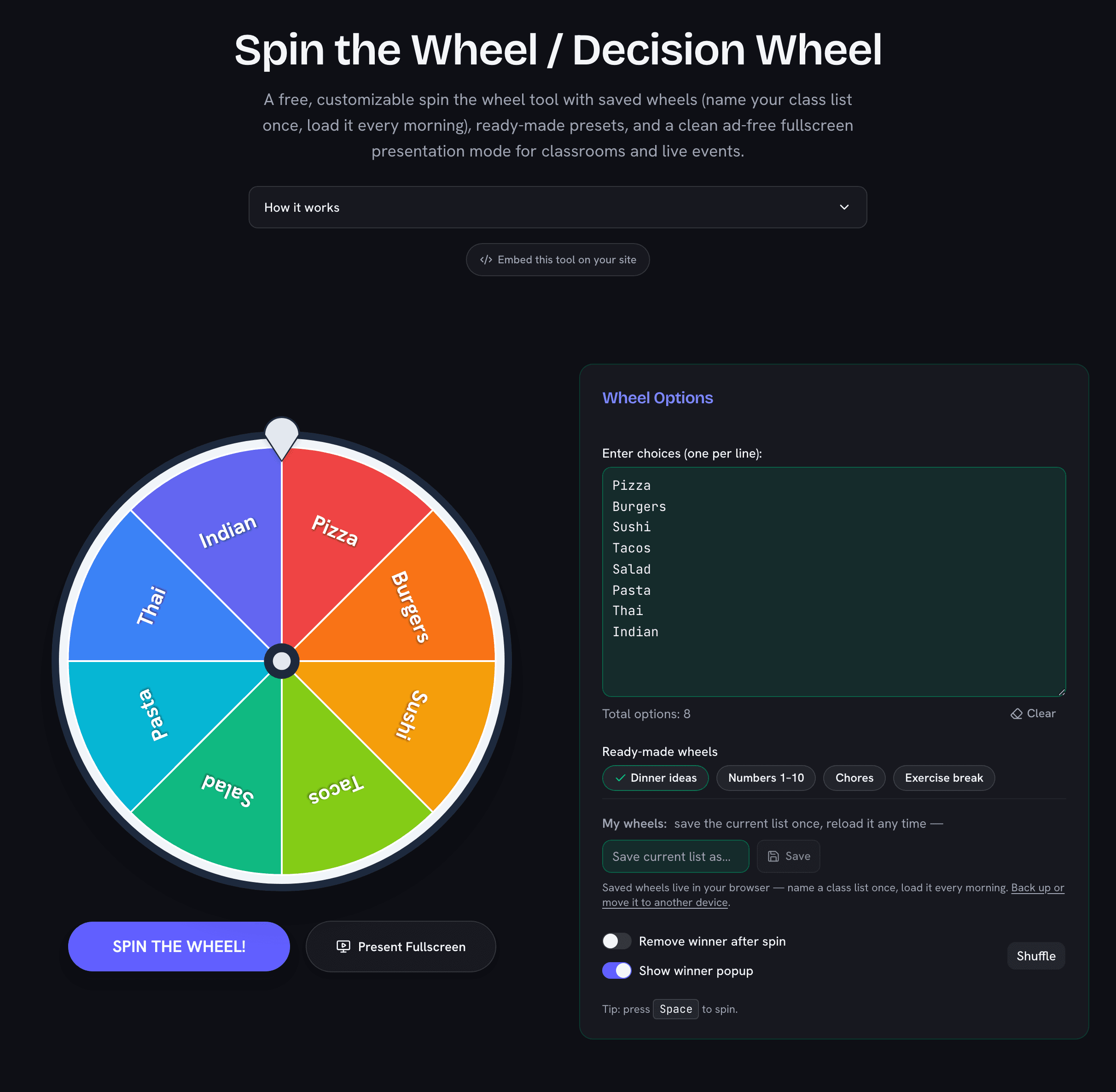Spin the wheel tool with eight colorful slices, options list, and remove-winner and popup settings