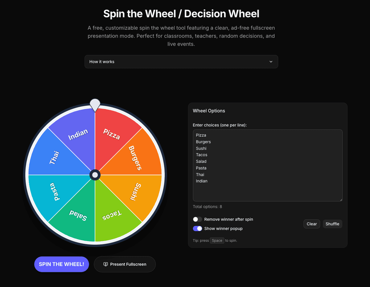 Spin the wheel tool with eight colorful slices, options list, and remove-winner and popup settings