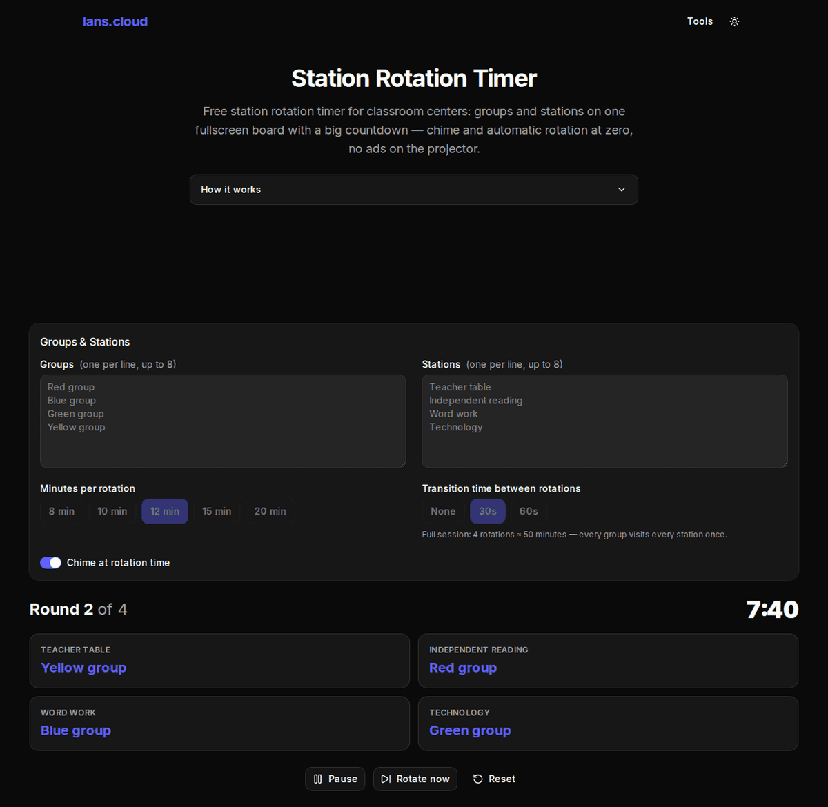 Station rotation timer mid-session: four station cards showing their current groups under a large countdown in round 2 of 4