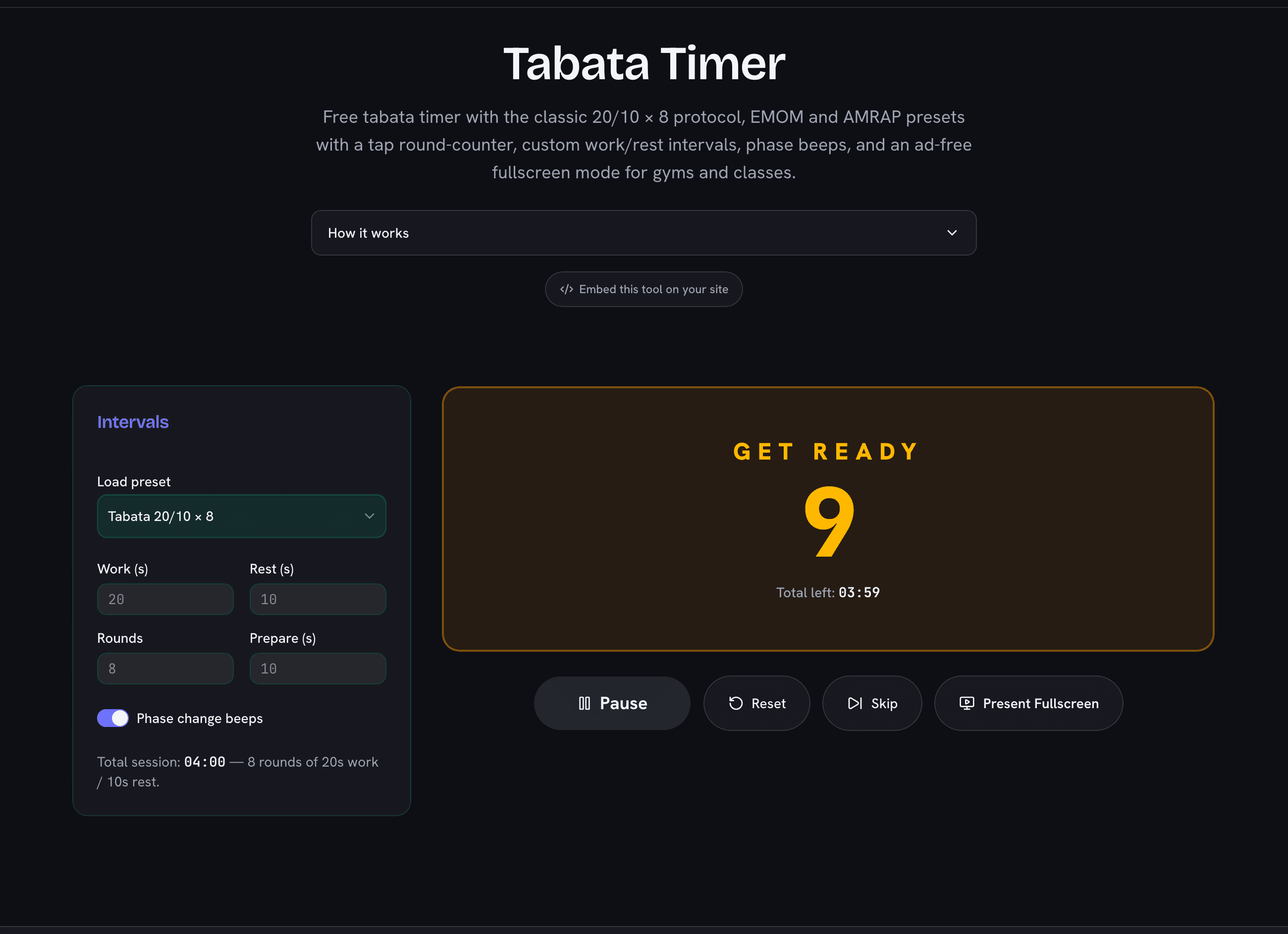 Tabata timer counting down the get-ready phase with the classic 20/10 × 8 preset selected and phase beeps enabled