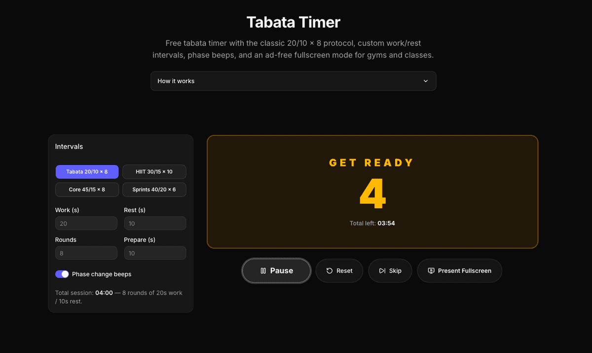 Tabata timer counting down the get-ready phase with the classic 20/10 × 8 preset selected and phase beeps enabled