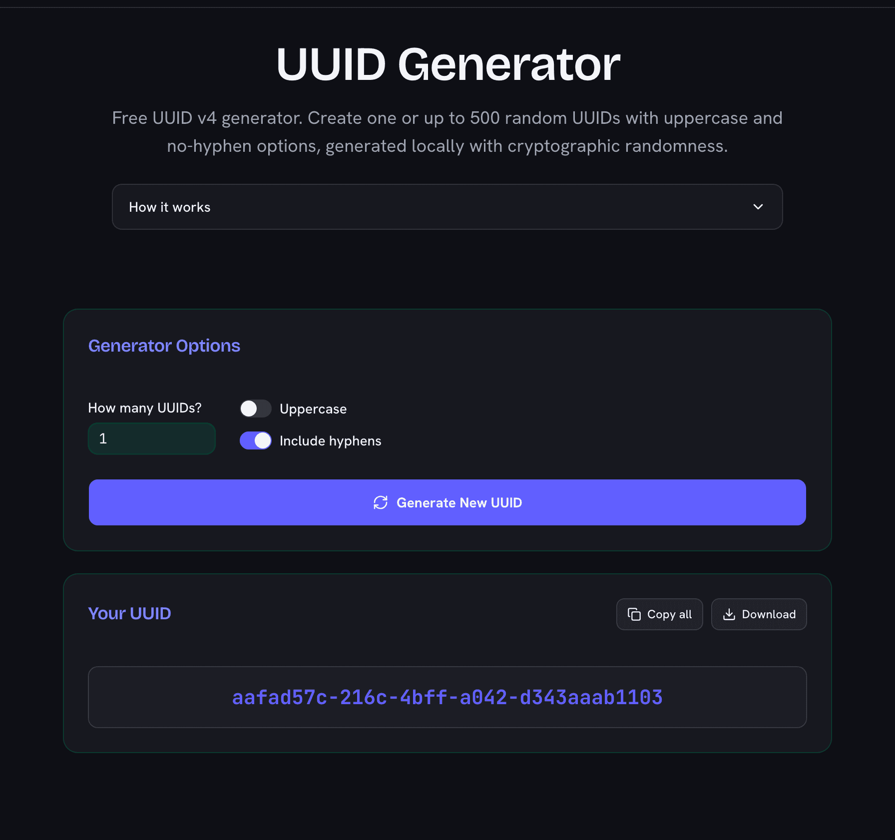 UUID v4 generator showing a freshly generated identifier with uppercase and hyphen options