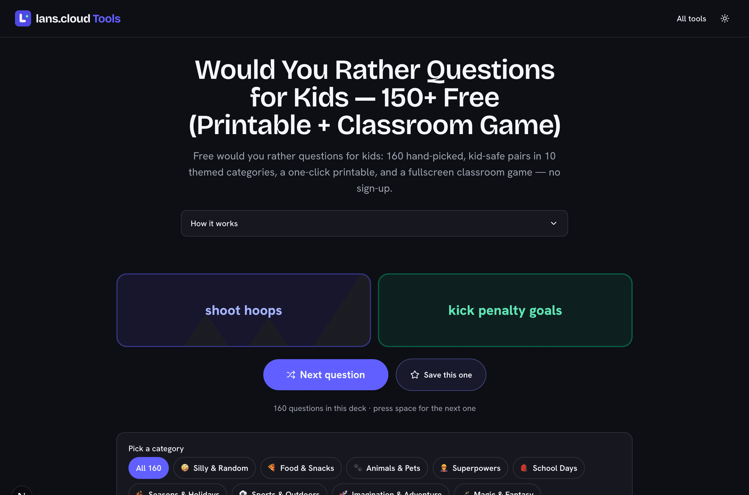 Would you rather picker for kids showing two big option cards above the category filters and printable controls