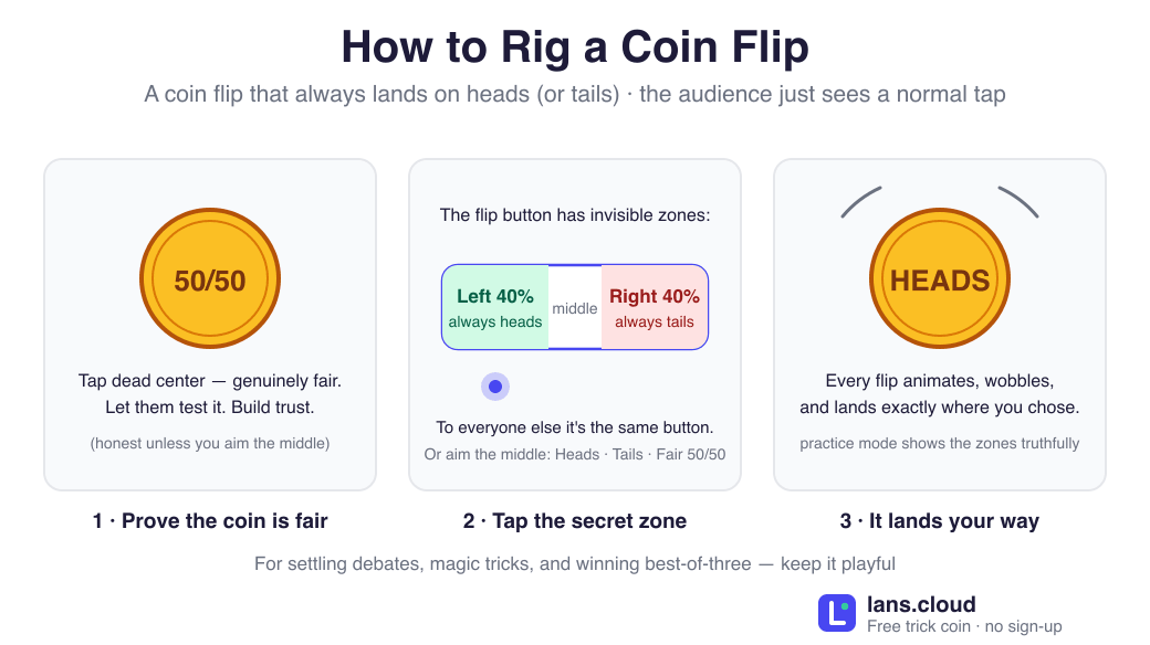 Diagram of how to rig a coin flip in three steps: prove the coin is fair with a center tap, which is genuinely random until you aim the middle yourself, tap the invisible secret zone (left 40% of the flip button always lands heads, right 40% always tails), and the animated coin lands your way — plus the visible control that re-aims the middle of the button at heads or tails.