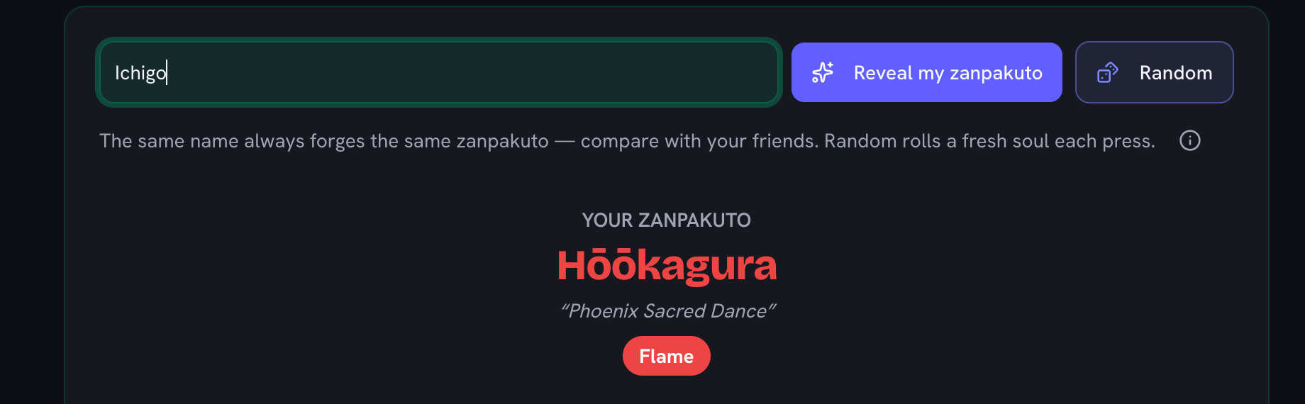 The name Ichigo forging the zanpakuto Hookagura, "Phoenix Sacred Dance", with a Flame element badge