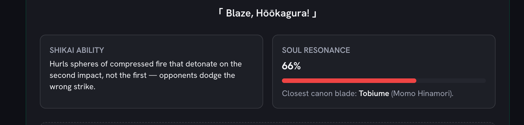 The release command "Blaze, Hookagura!" in Japanese quote brackets, above the shikai ability and soul resonance panels