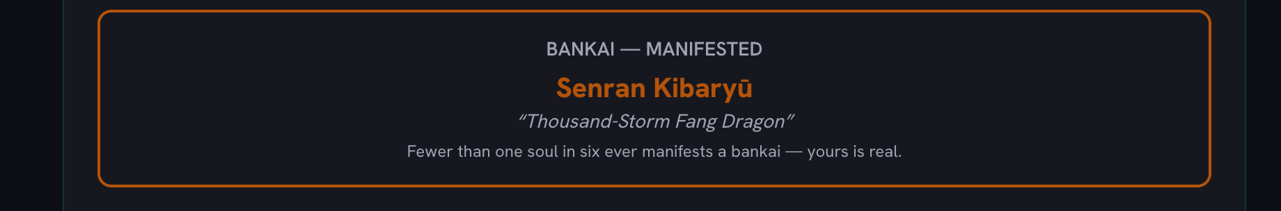 The BANKAI MANIFESTED panel naming Senran Kibaryu, "Thousand-Storm Fang Dragon" — the rare branch of the result