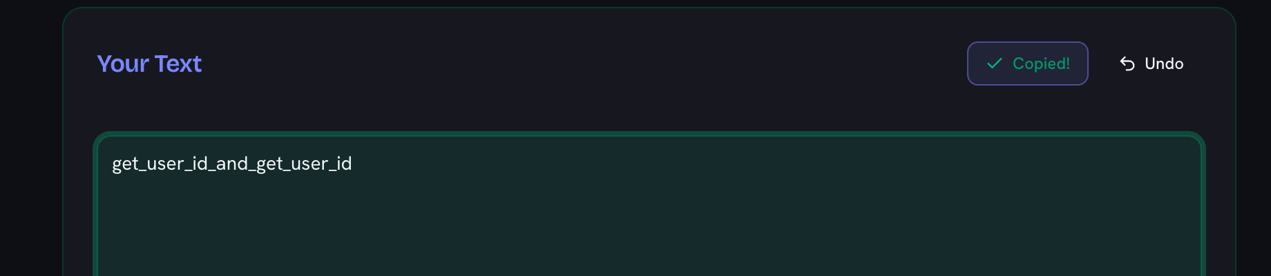 The Copy button switched to a tick reading Copied!, beside the Undo button above the converted text