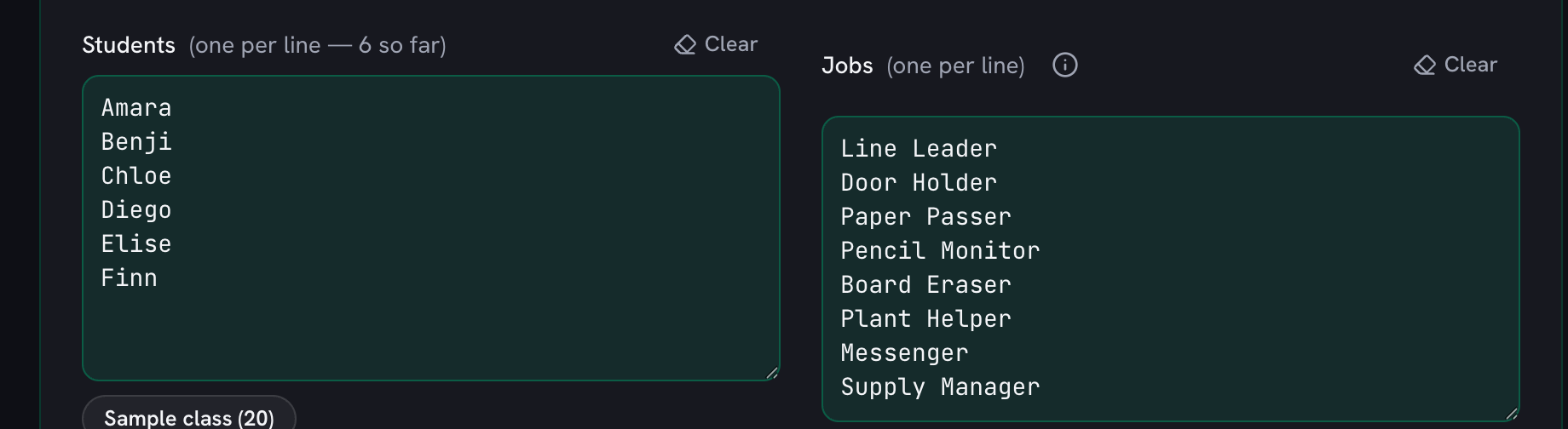 Six student names typed one per line in the Students box, with the label counting six so far, beside the jobs list