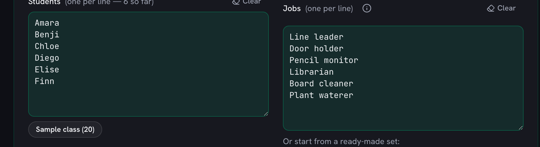 Six classroom jobs typed one per line — line leader, door holder, pencil monitor, librarian, board cleaner and plant waterer — beside the class list