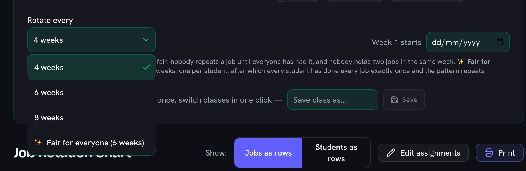 The Rotate every list open on four choices: 4 weeks (ticked), 6 weeks, 8 weeks and Fair for everyone, which here works out as six weeks