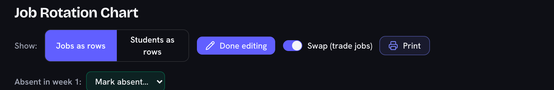 The chart toolbar in editing mode: the layout switch, a Done editing button, the Swap (trade jobs) toggle turned on, and the Print button