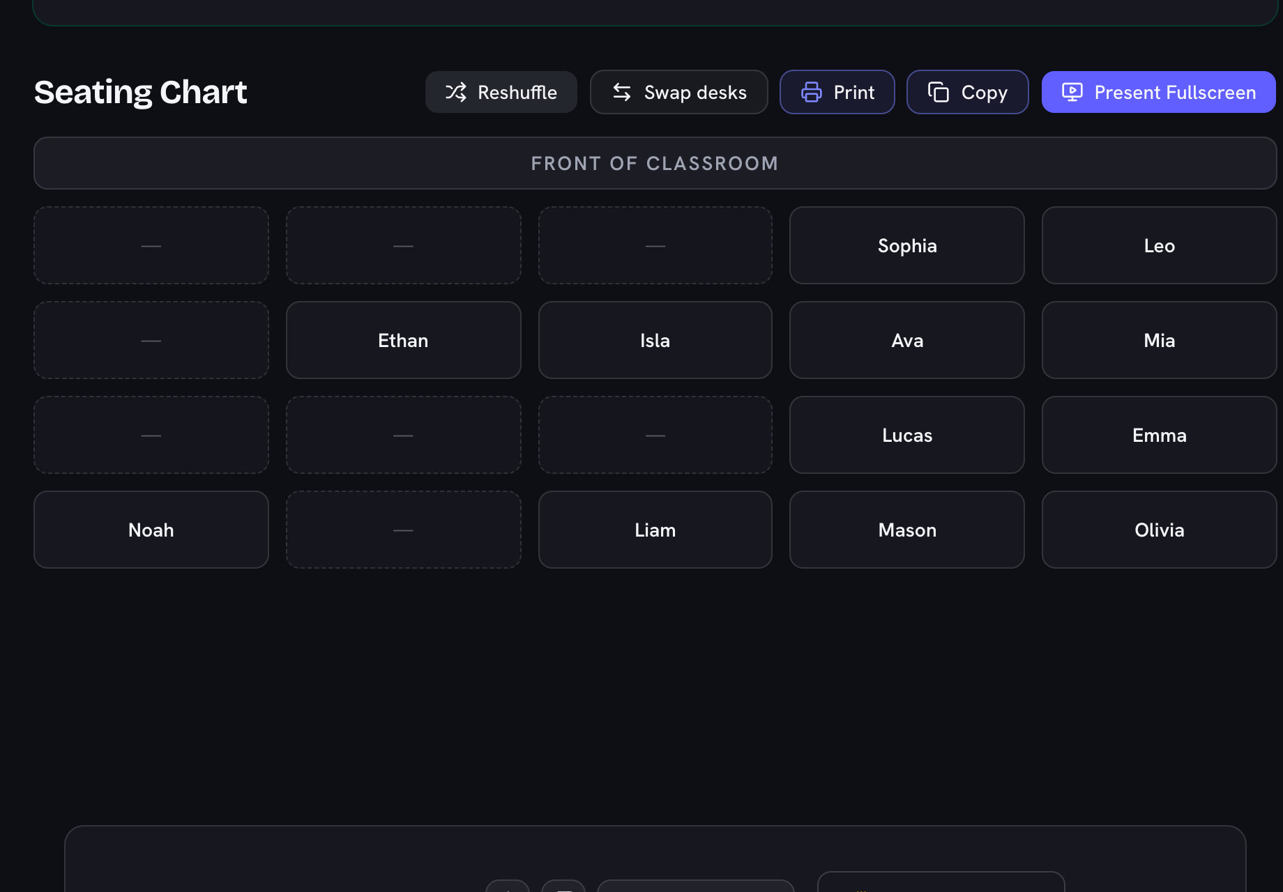 A generated classroom seating chart laid out in rows of desks, with Reshuffle and swap controls above it