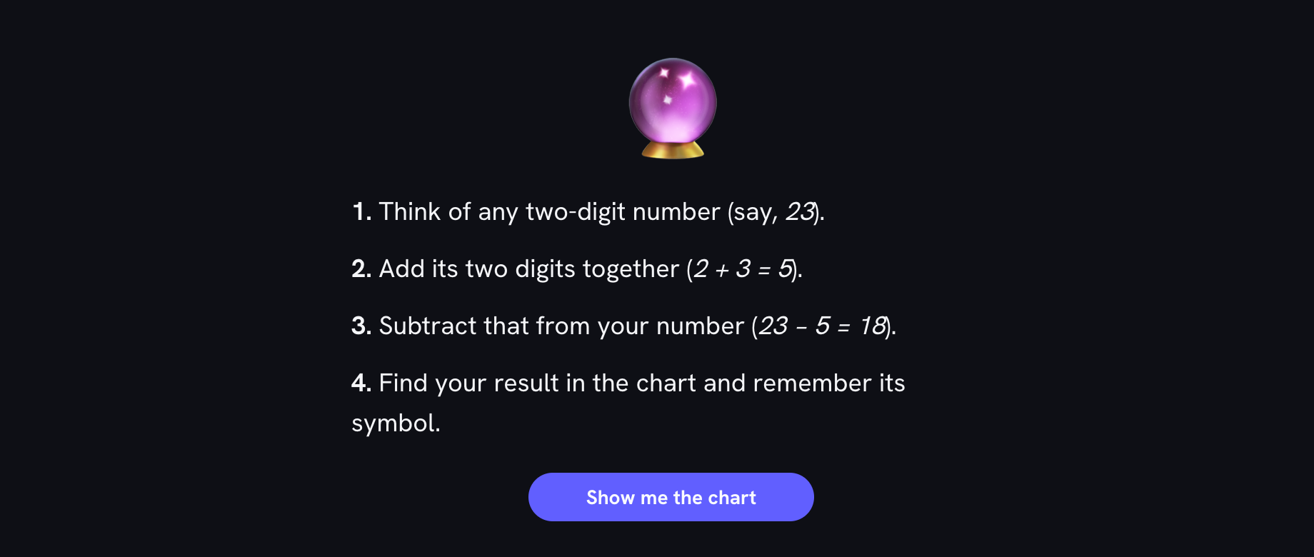 The opening screen: a crystal ball above the four numbered steps of the trick, and a "Show me the chart" button