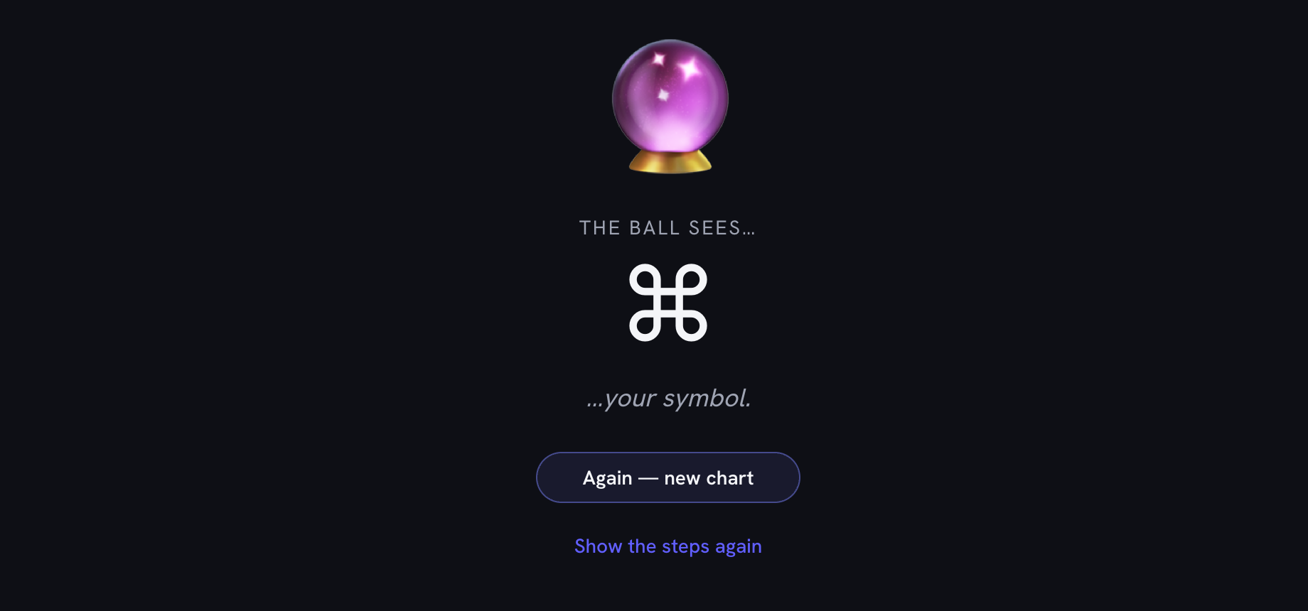 The reveal: the crystal ball above the words "The ball sees…", a single large looped-square symbol, and "…your symbol."