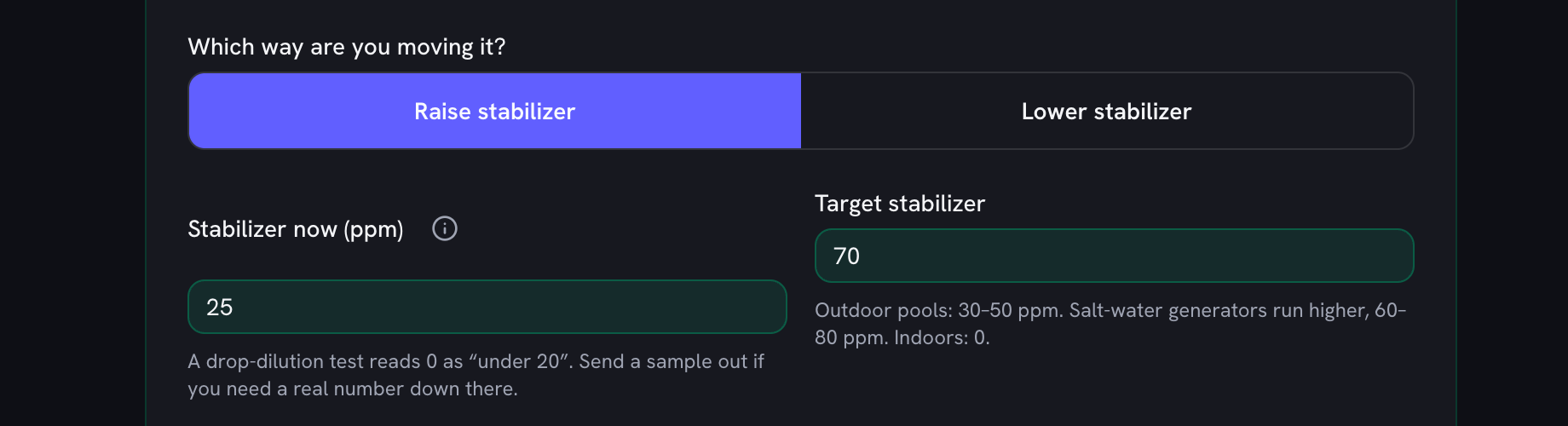 The raise or lower switch set to raise, with a 70 ppm target, the band a salt-water generator runs at rather than the 30 to 50 ppm of an outdoor pool