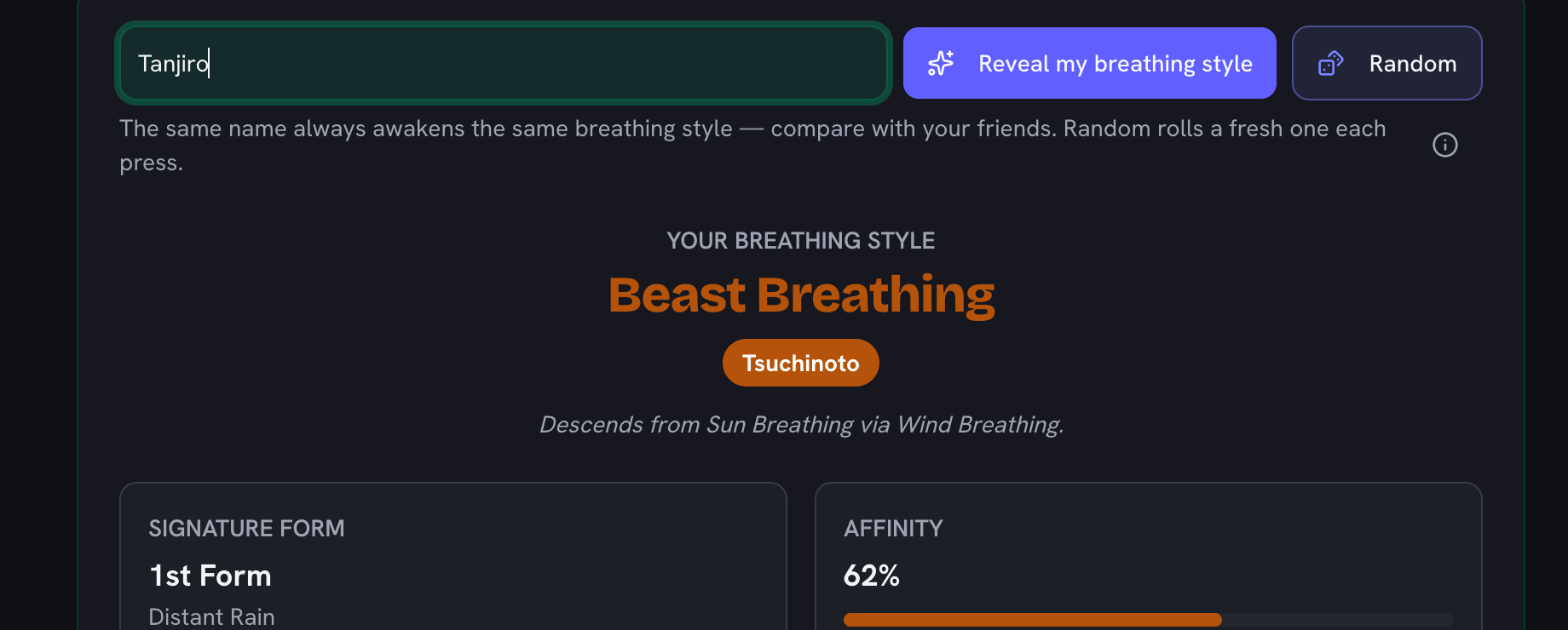 The name Tanjiro awakening Beast Breathing, with a Tsuchinoto corps rank badge