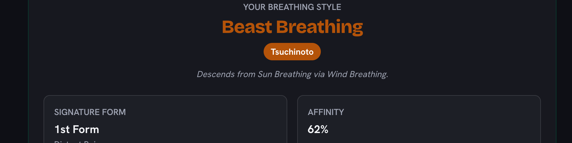 The lineage line reading "Descends from Sun Breathing via Wind Breathing" under the Beast Breathing result