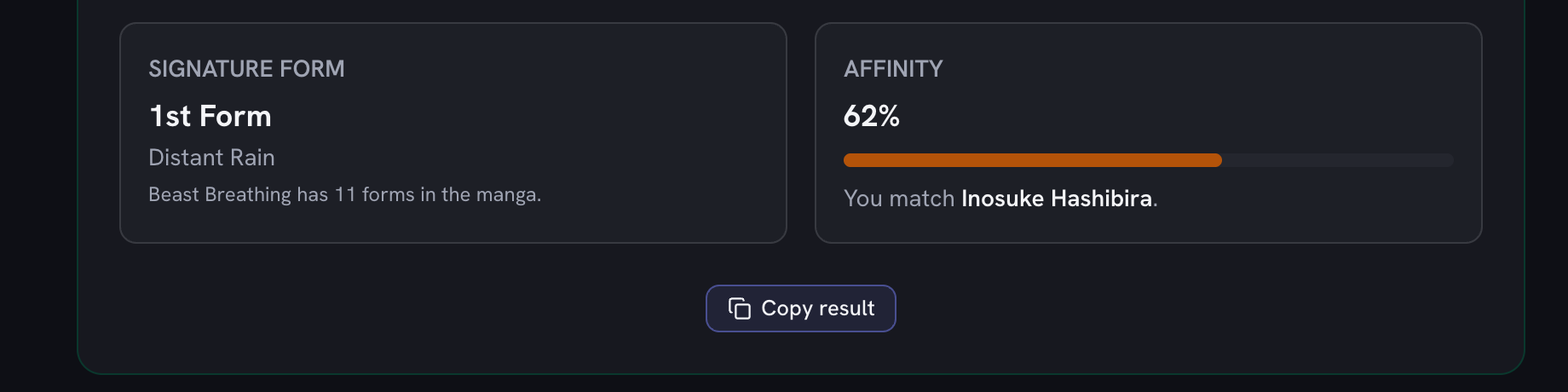 The signature form panel naming the 1st Form of Beast Breathing, beside the affinity percentage