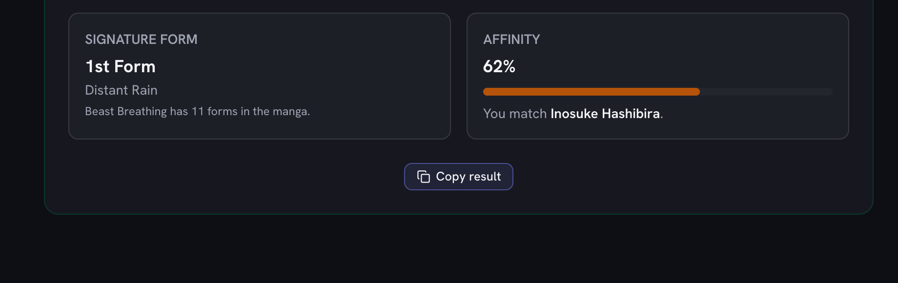 The affinity meter and the canon swordsman the result matches, above the Copy result button