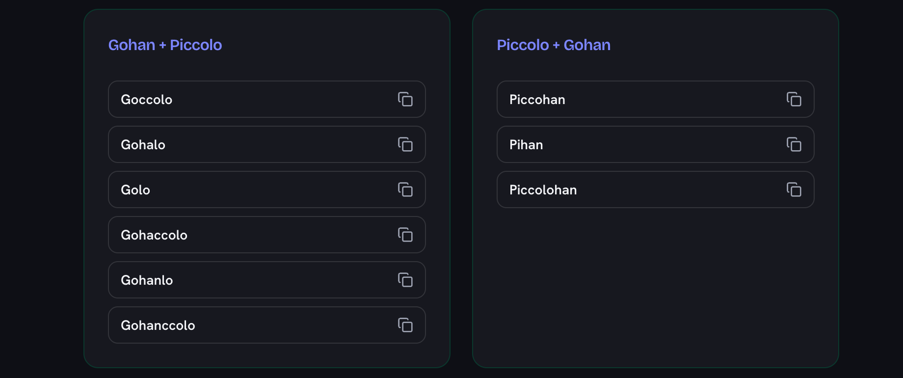 Two columns side by side: Gohan + Piccolo listing six candidates from Goccolo to Gohanccolo, and Piccolo + Gohan listing three, Piccohan, Pihan and Piccolohan