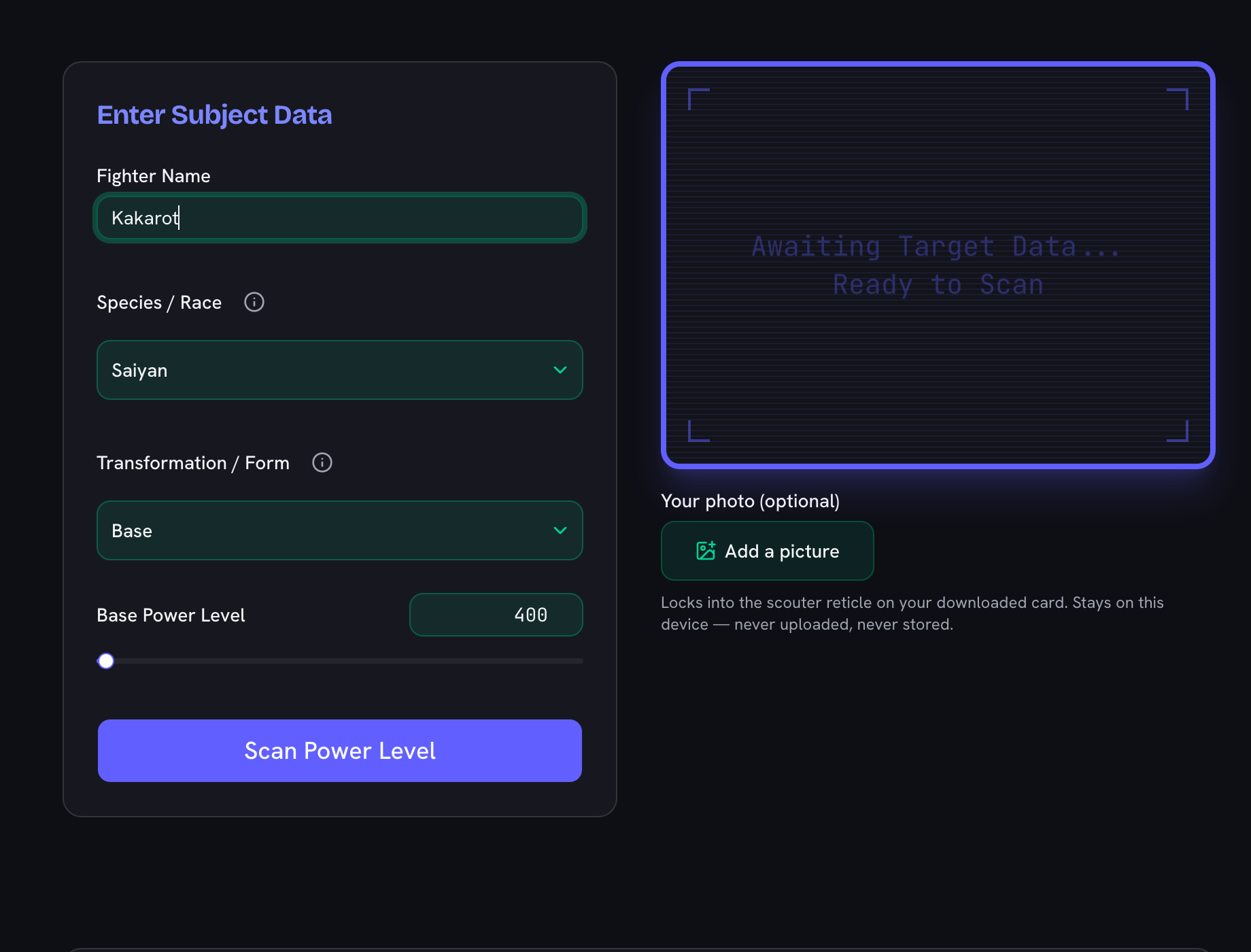 The Dragon Ball Z power level calculator with the fighter named Kakarot, species set to Saiyan, and the base power slider ready