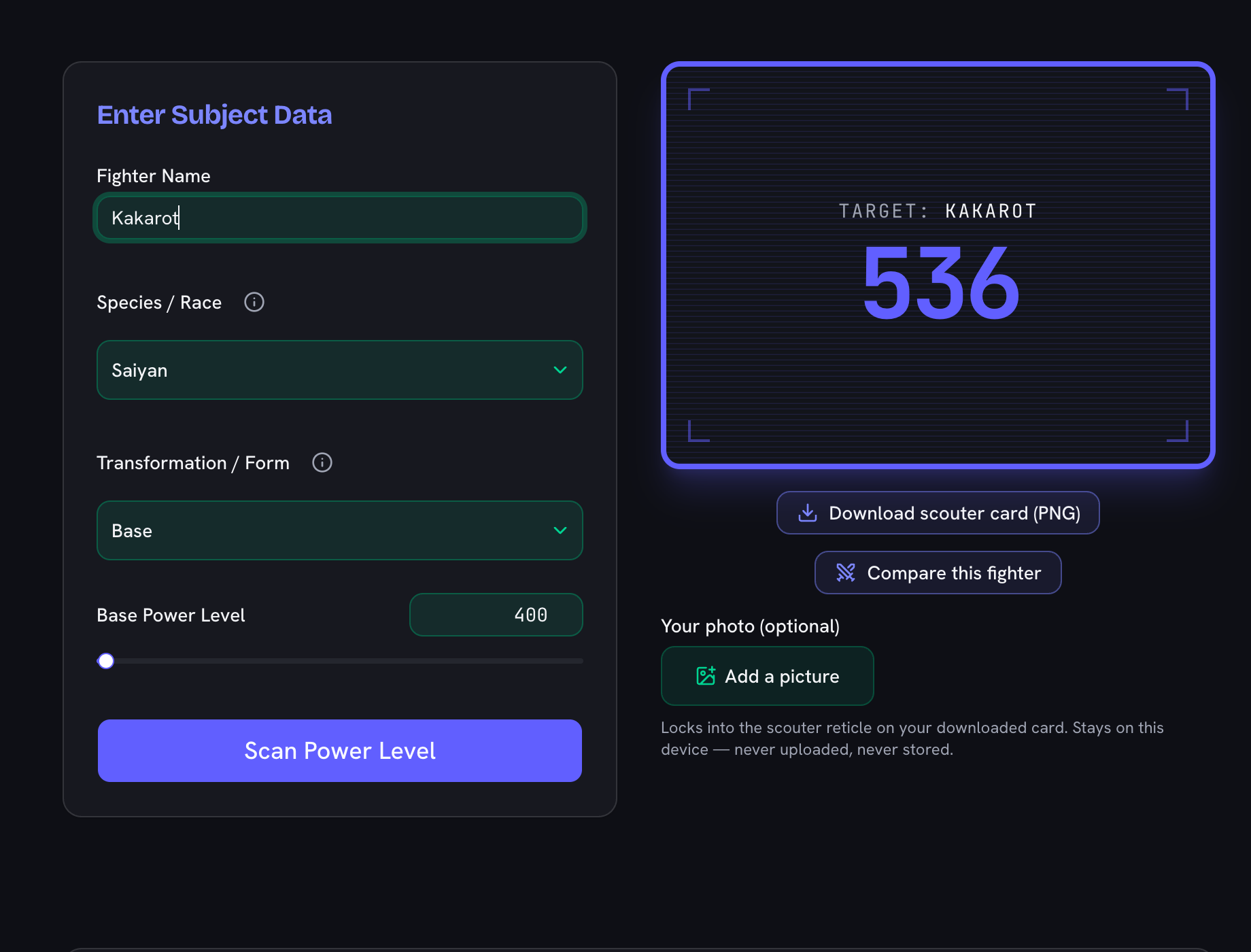 The scouter readout showing TARGET: KAKAROT with the calculated power level, plus buttons to download the scouter card and compare the fighter