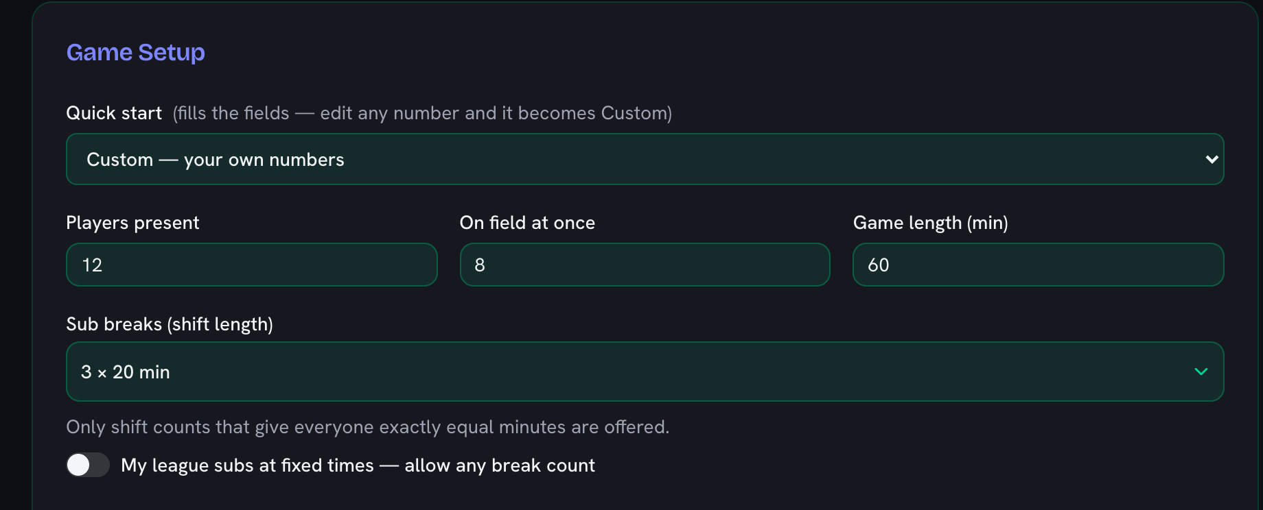 The setup card filled in for a squad of 12 with 8 on the field and a 60-minute game, and the shift length set to three 20-minute blocks
