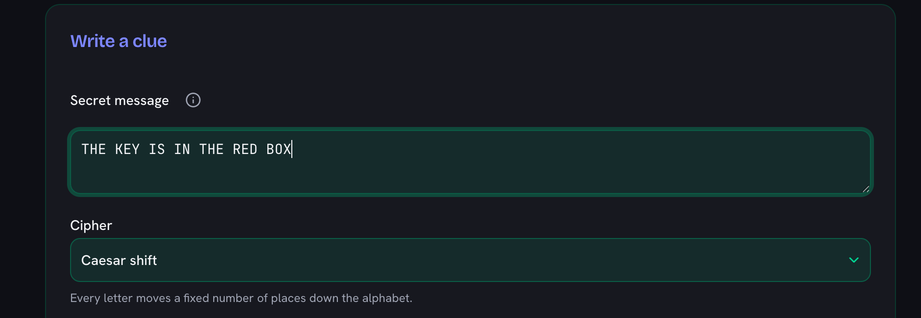 The Write a clue card with THE KEY IS IN THE RED BOX typed into the secret message box, above the cipher picker