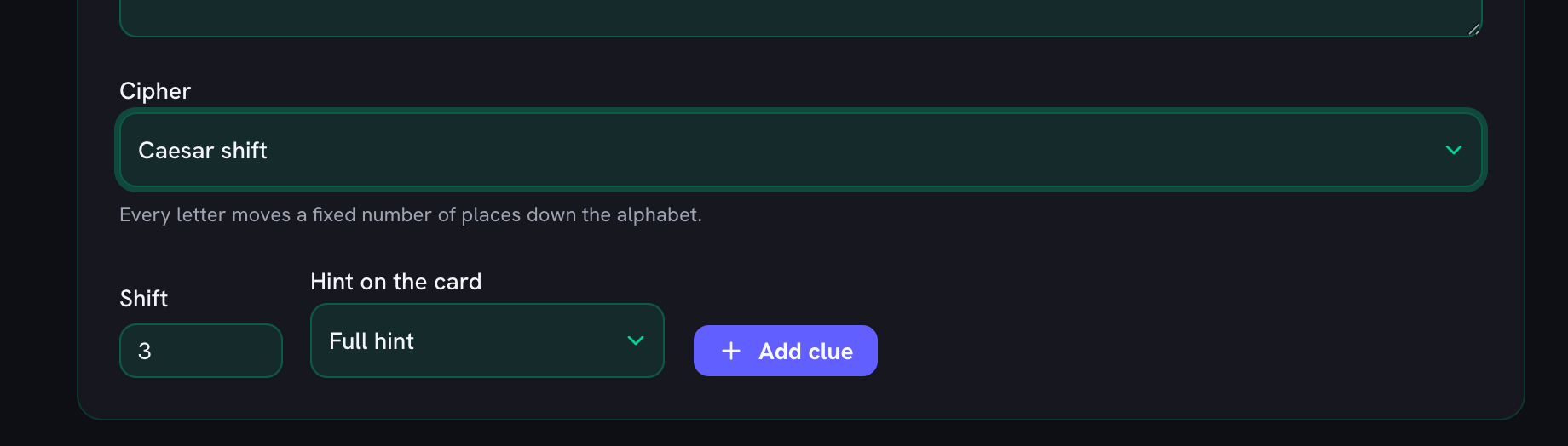 Caesar shift chosen as the cipher, with a Shift field set to 3 and the hint level set to Full hint beside the Add clue button