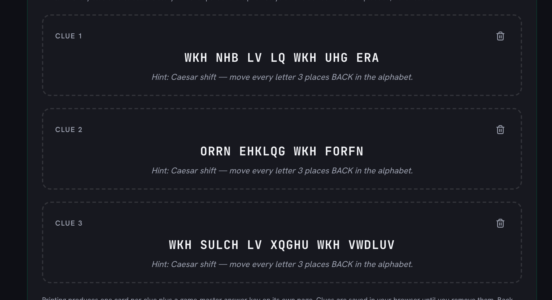 Three encoded clues stacked in the list, each showing its coded text and the hint line telling players to move every letter three places back