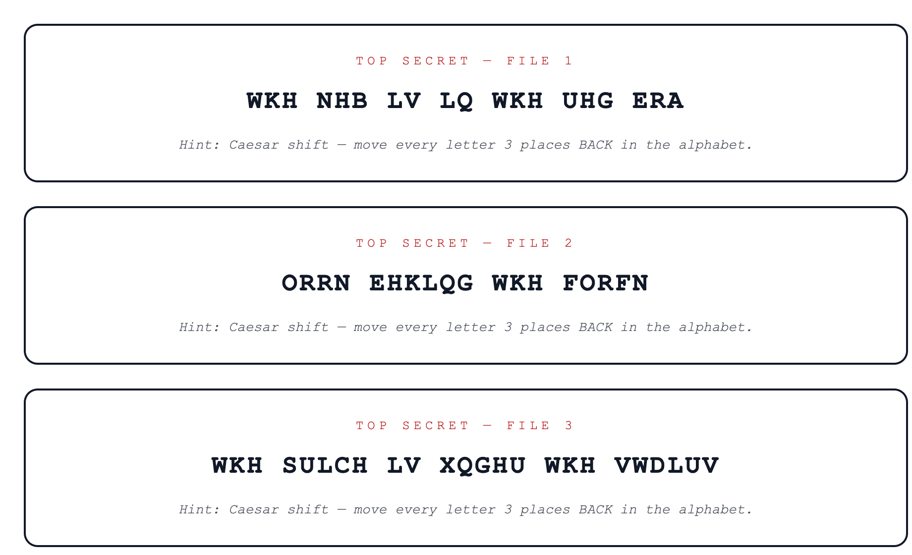 The printout with the Top Secret theme: three cut-out cards headed TOP SECRET — FILE 1, 2 and 3, each carrying its coded message and hint