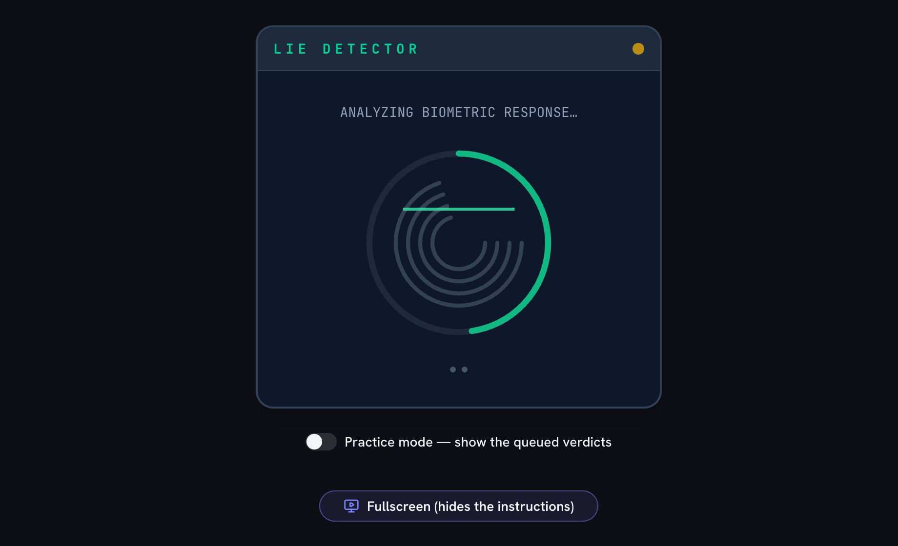 A scan in progress: the status light amber, the green progress ring about two-thirds filled, a sweep line across the fingerprint pad, and the caption "ANALYZING BIOMETRIC RESPONSE"