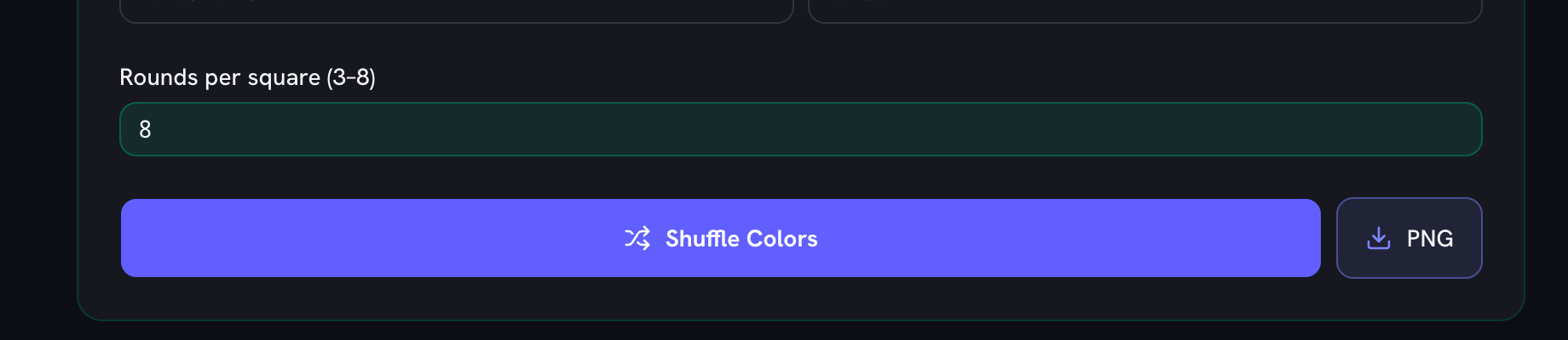 The rounds-per-square field set to 8, above the Shuffle Colors button and the PNG download button