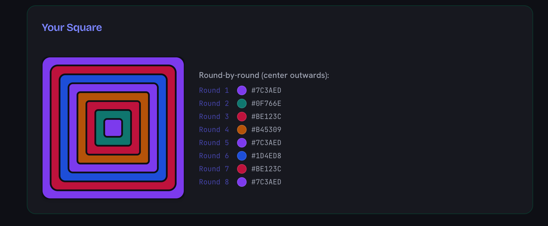 A shuffled eight-round square in jewel tones beside its round-by-round list, each round numbered from the centre outwards with its hex code