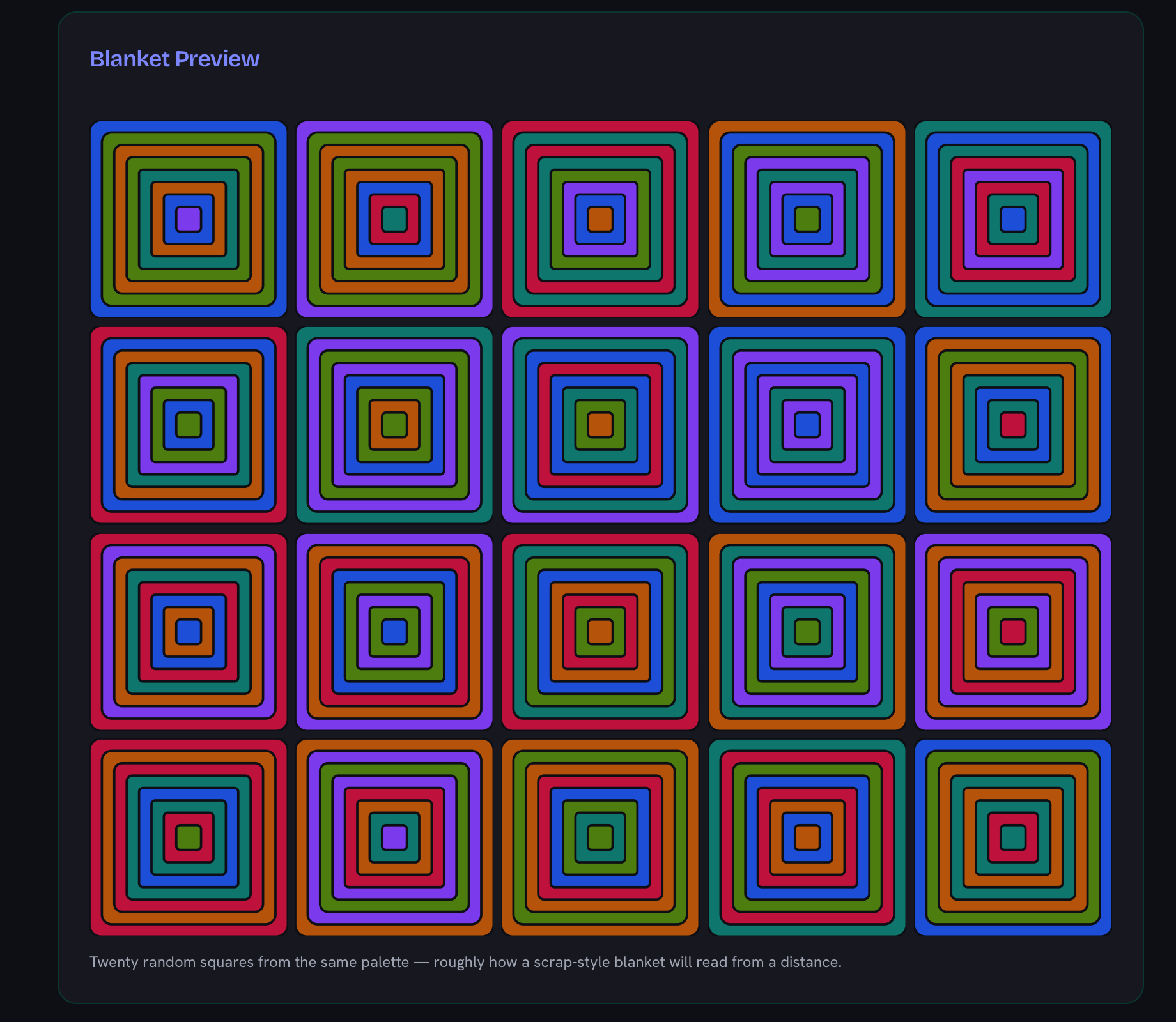 The blanket preview: twenty differently shuffled squares from the same jewel-tone palette laid out in a grid, showing how the colours read together