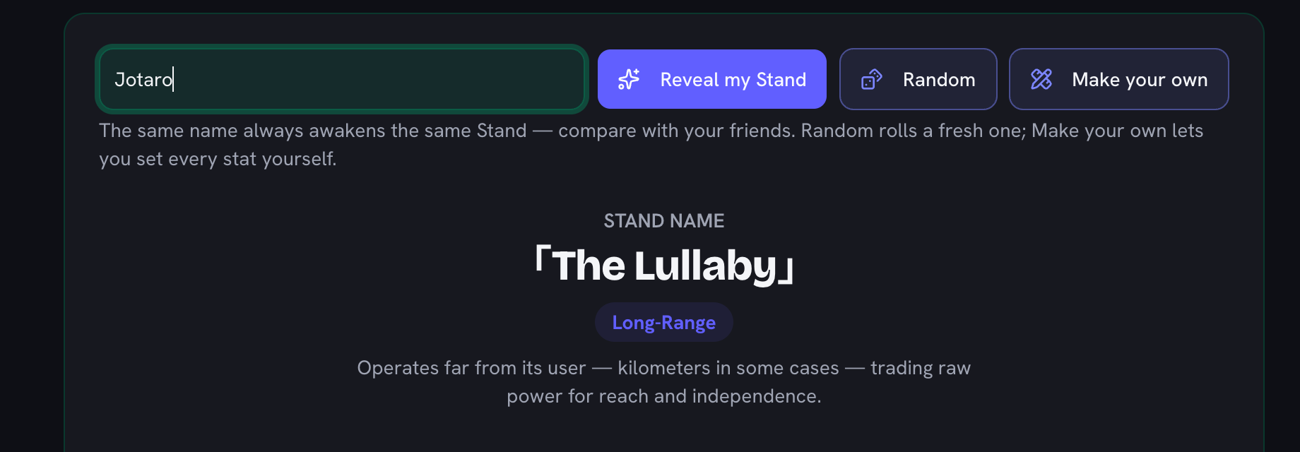 A name typed into the box and the Stand it awakened shown underneath, with its name in Japanese brackets and its type
