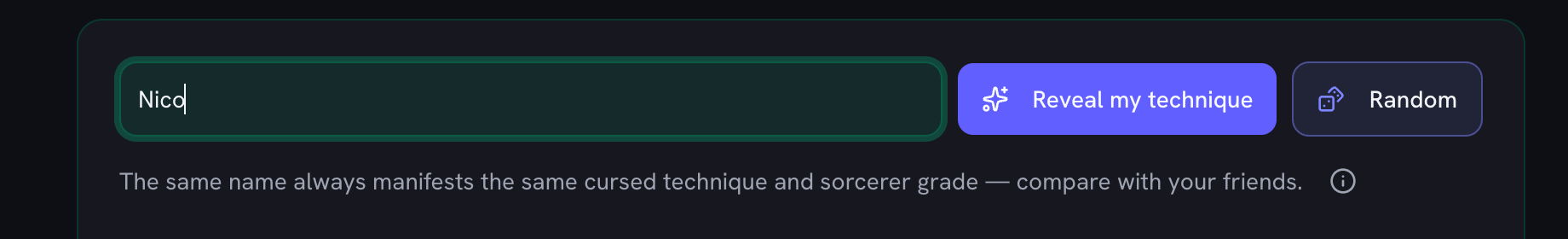The name box with a name typed into it, beside the Reveal my technique and Random buttons