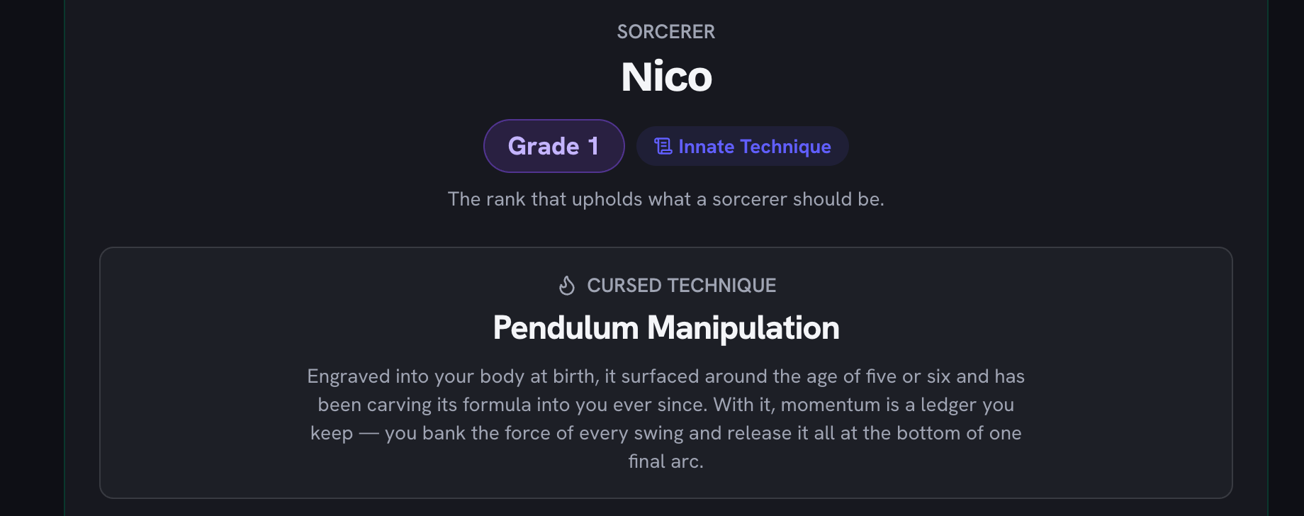 A revealed result: the sorcerer name under a Grade 1 badge and an Innate Technique chip, with the cursed technique Pendulum Manipulation named underneath