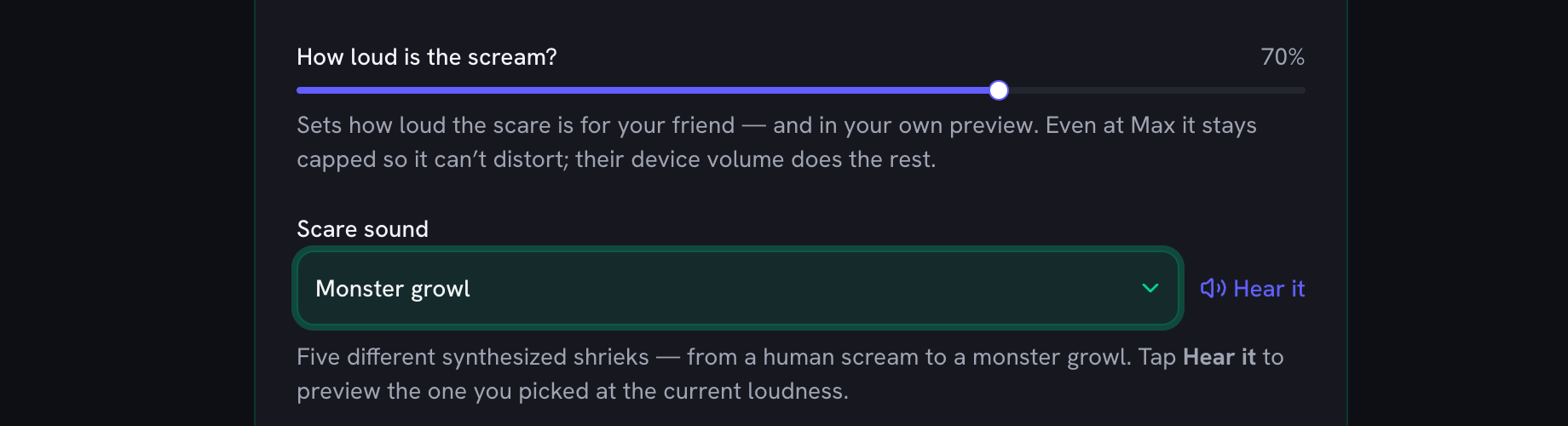 The loudness slider pulled down to 70 percent and the scare sound set to Monster growl, with the Hear it preview link beside it